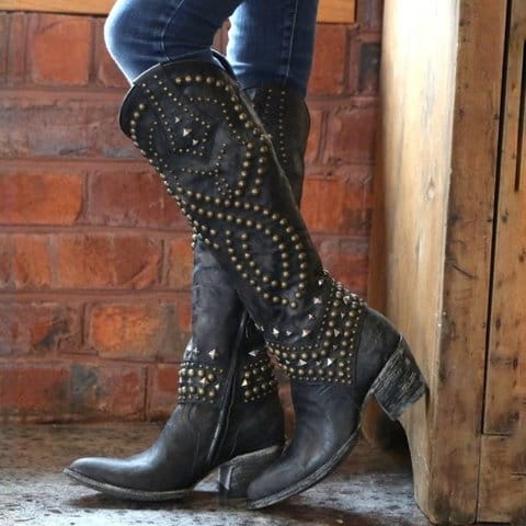 Ladies Western Cowgirl Boots With Rivet Detail and Chunky