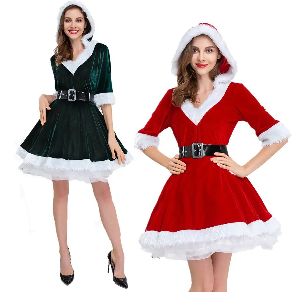 Festive Mother Christmas Hooded Dresses in Red and Green