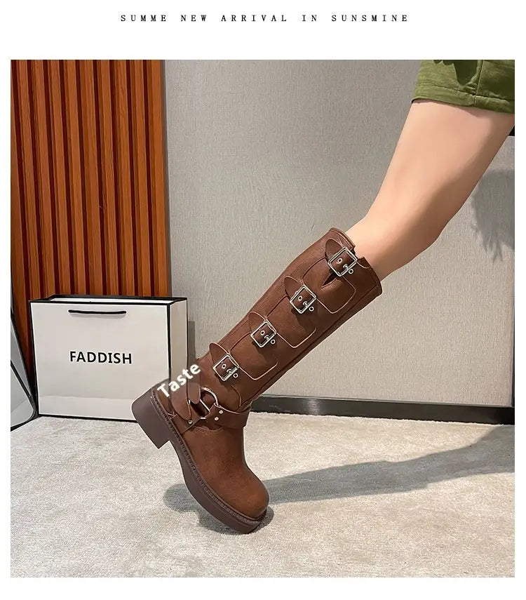 Brown leather knee-high boot with buckle straps, perfect genuine leather chunky heel style.