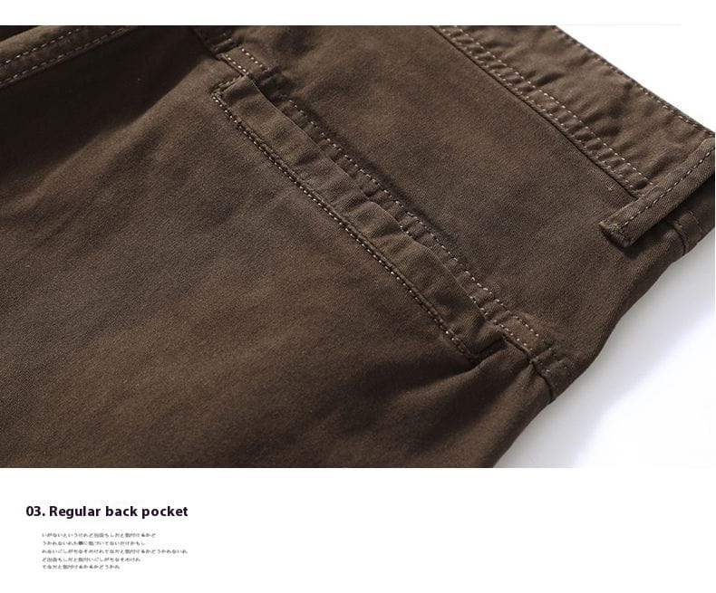 Brown Slim Fit Elastic Cargo Trousers showing detailed stitching on the pocket.