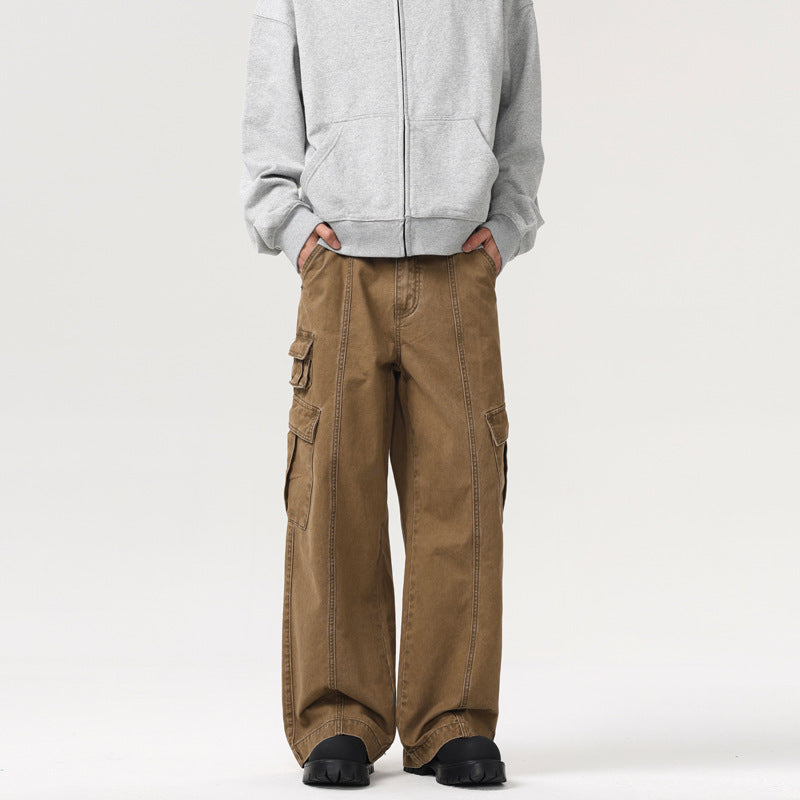 Mens Washed-out Vintage Multi-pocket Wide Leg Patchwork Cargo Pants