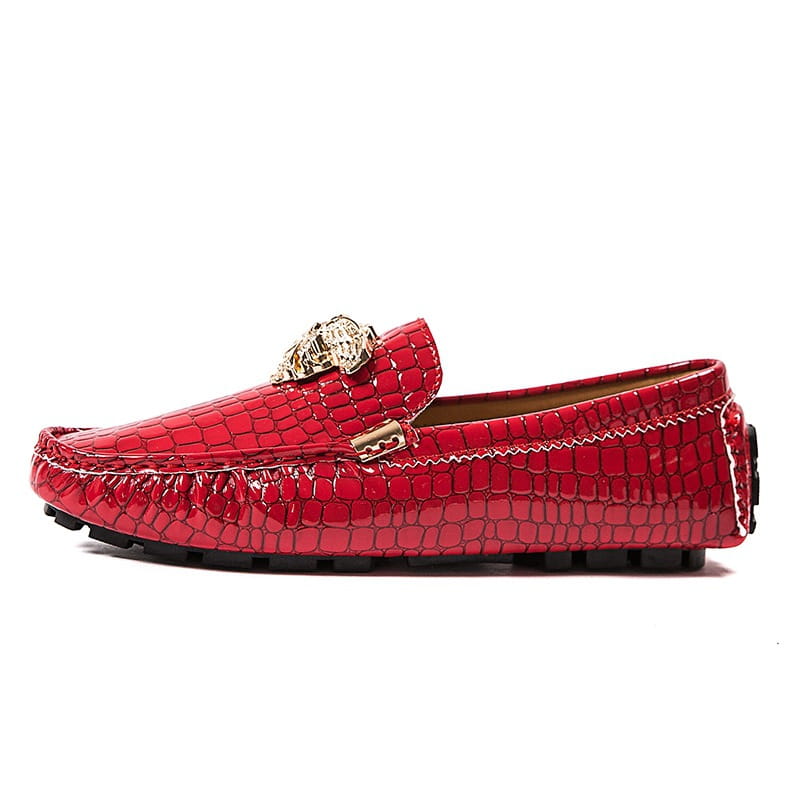 Red crocodile print loafer with gold detail, perfect for stylish steps in mens footwear.