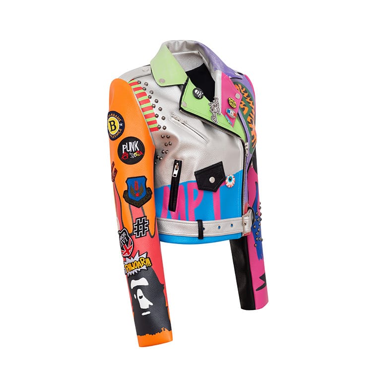 Veste de moto pour femmes en cuir imprimé graffiti Pu