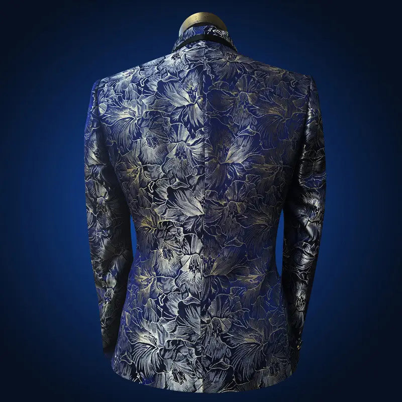 Men’s Blue Floral Wedding Prom Suit With Bow Tie