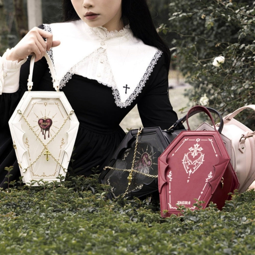 Gothic Style Coffin Bag With Chain Detail and Occult Design