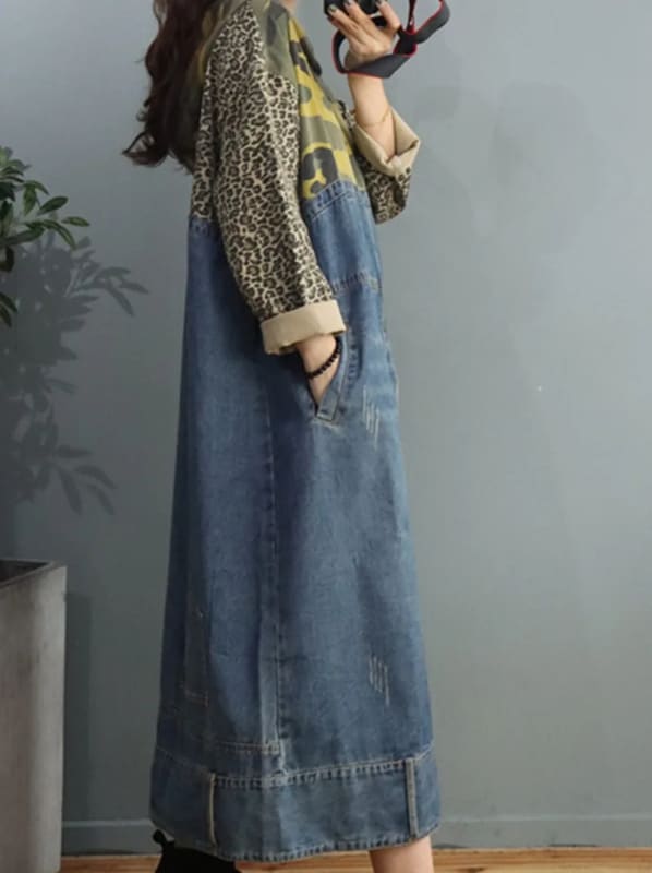 Camouflage Patchwork Denim Hooded Cowboy Dress