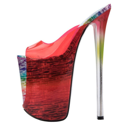 Extremely high platform stiletto heel with a multicolored gradient design.