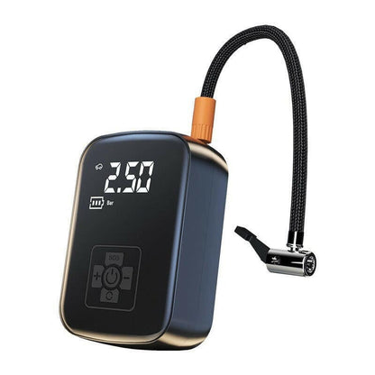 Digital tire inflator with a flexible hose and LCD display.