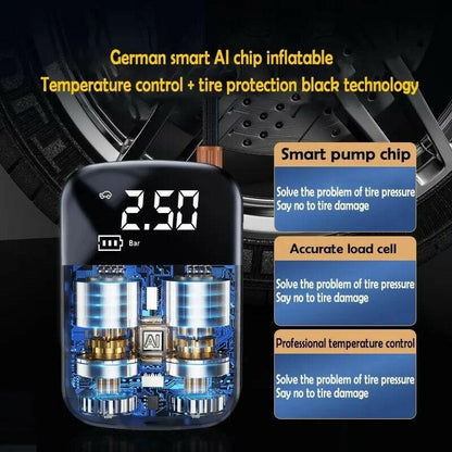 Digital tire pressure gauge with integrated smart pump technology.