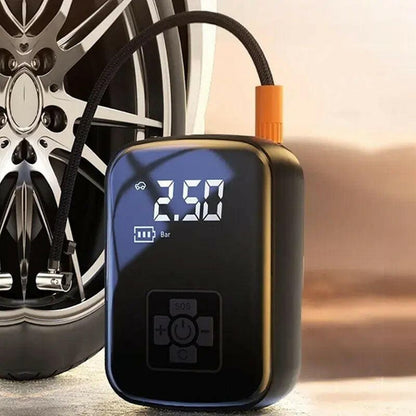 Digital tire inflator with a blue LED display showing 2.50 PSI.