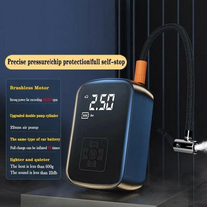 Portable digital air pump with pressure gauge display and flexible hose attachment.