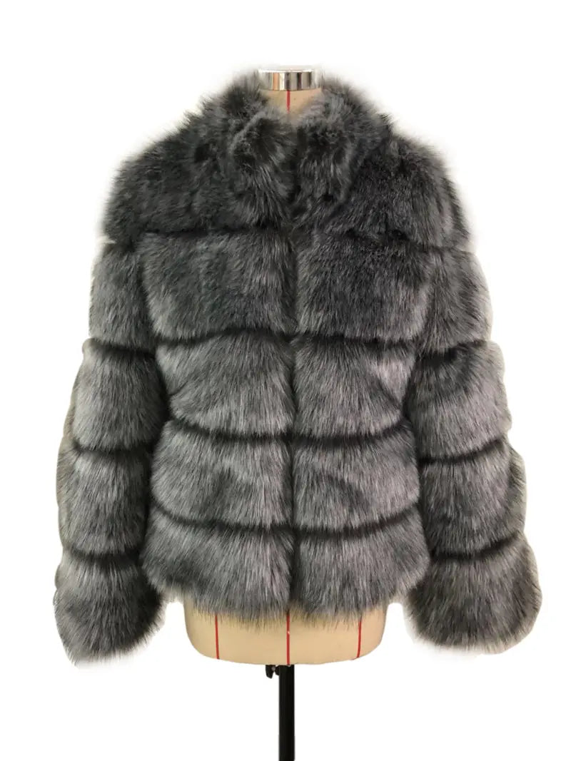 Faux Fox Fur Ladies Slimming and Stand Collar Coat