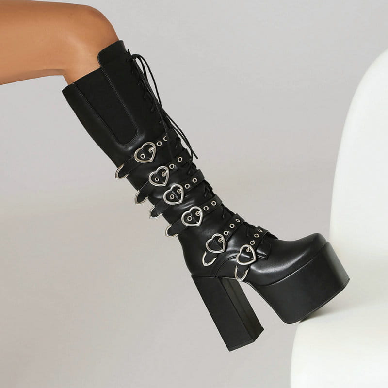 Unisex High Heel Punk Front Lace-up Multi Buckle High Leg