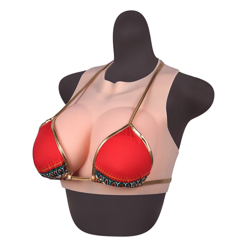 Red and gold bikini top displayed on a mannequin torso.