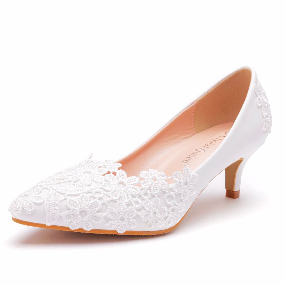 Elegant Simple Lace Flower Wedding Shoes White 5cm High Heel