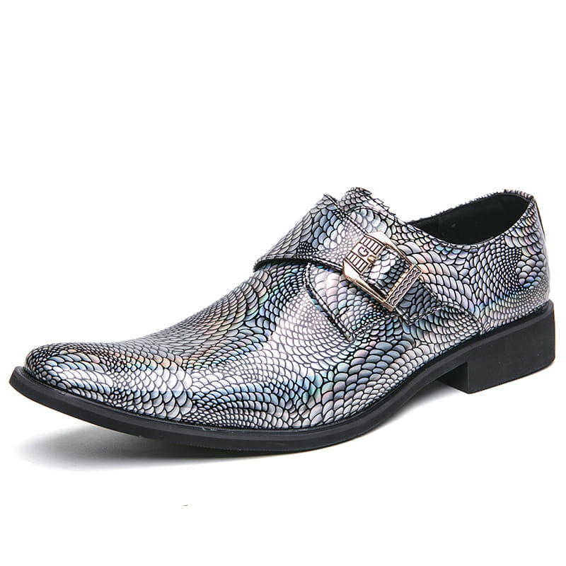 Stylish Iridescent Patent Metallic Snake Print Buckle Dress Shoe with a chic design.