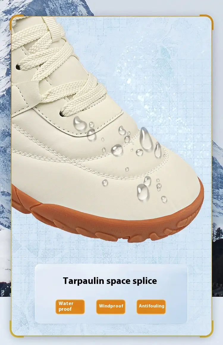 Cream-colored fur lined snow boots with water droplet pattern and gum sole for men.