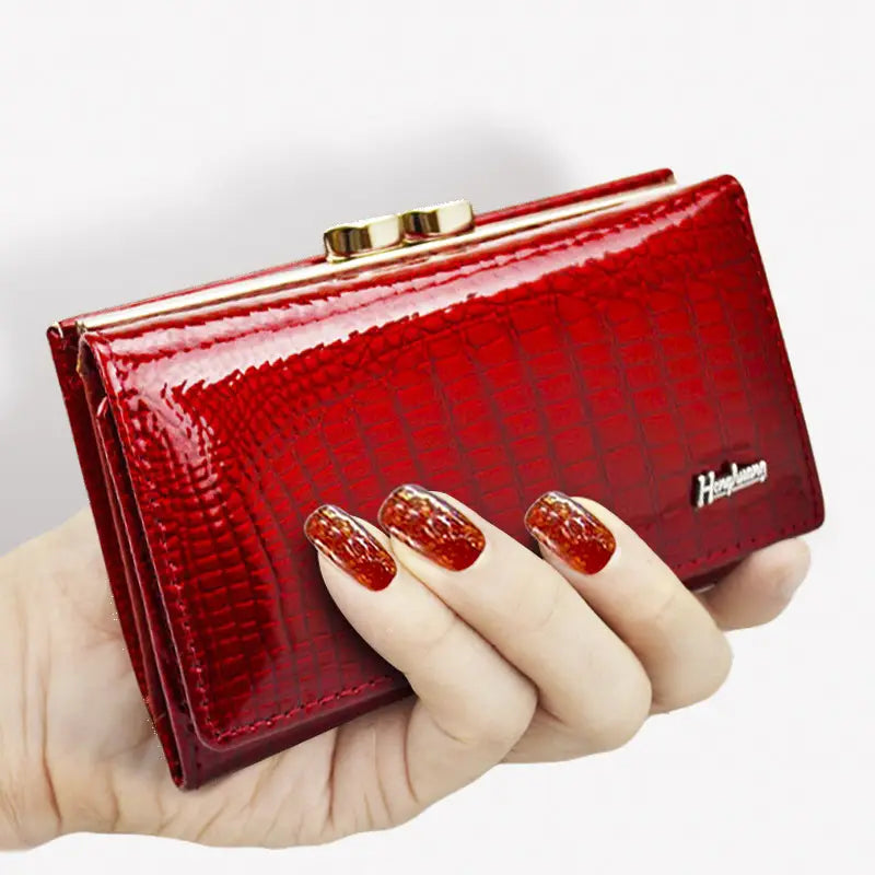 Wine Red Patent Leather Crocodile Print Purse with Gold Clasp and chic style.