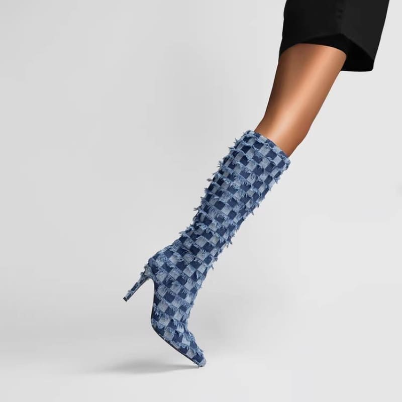 Chessboard Plaid Denim Blue Cloth Women’s Boots