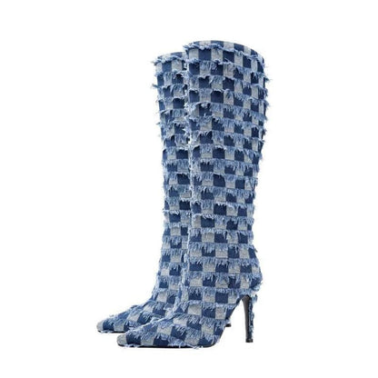 Chessboard Plaid Denim Blue Cloth Women’s Boots