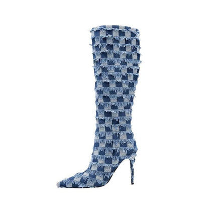 Chessboard Plaid Denim Blue Cloth Women’s Boots