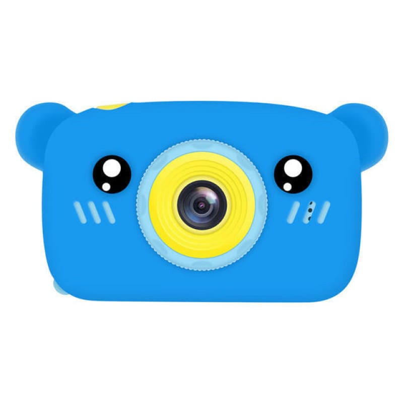 Cute blue bear-shaped digital camera for children with a yellow lens and cartoon eyes.