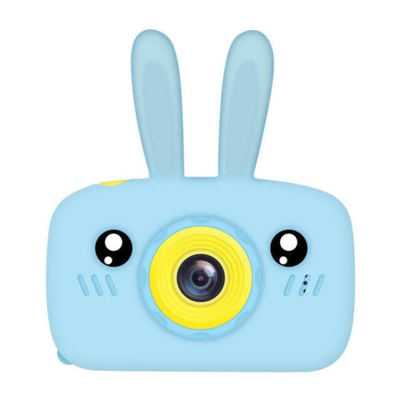 Light blue rabbit-shaped children’s digital camera with a yellow lens and cute cartoon eyes.