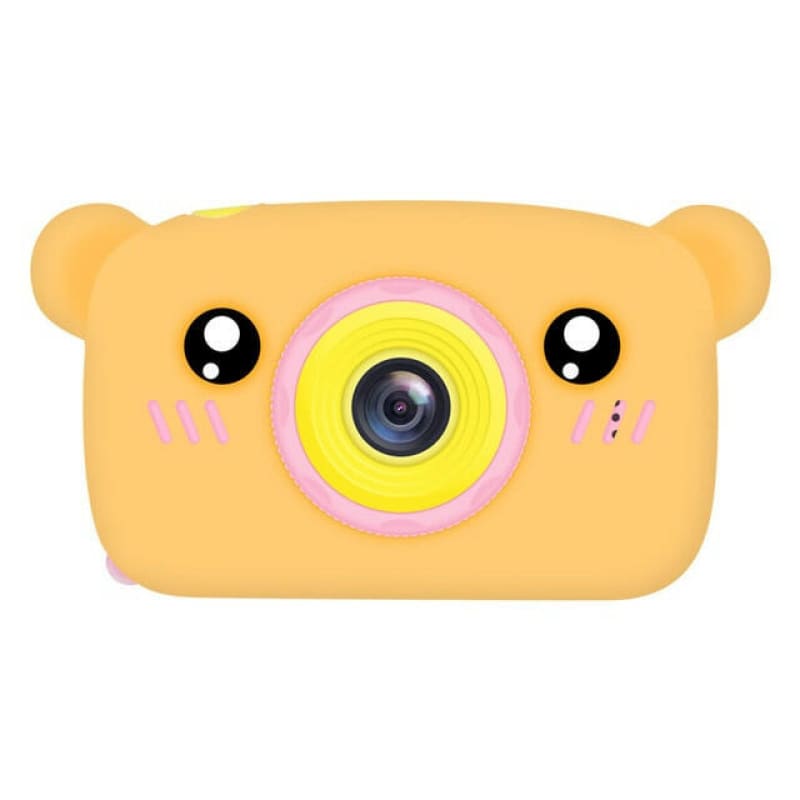 Cute bear-shaped children’s digital camera with a yellow lens surrounded by a pink ring.