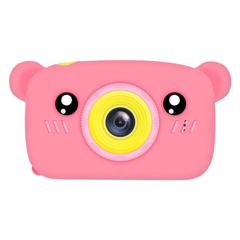 Pink bear-shaped children’s digital camera with a yellow lens and cute cartoon eyes.