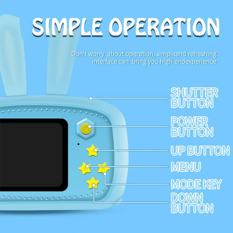 Light blue digital camera with a simple interface designed for children.