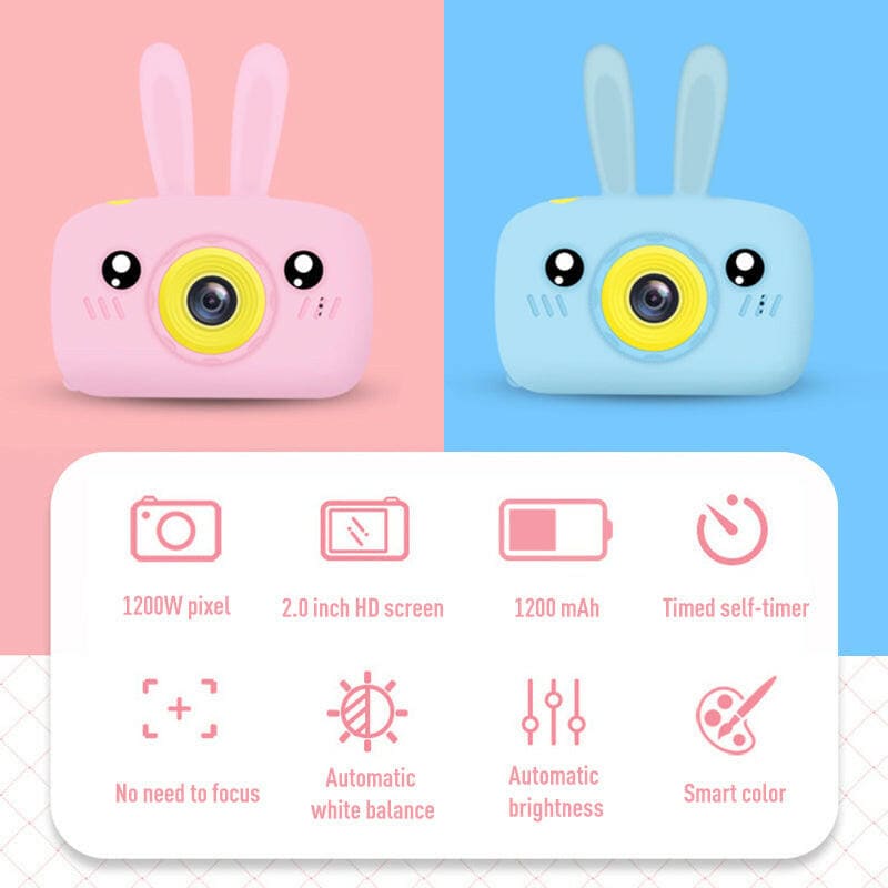 Cute cartoon-style digital camera shaped like a rabbit’s face in pink and blue versions.