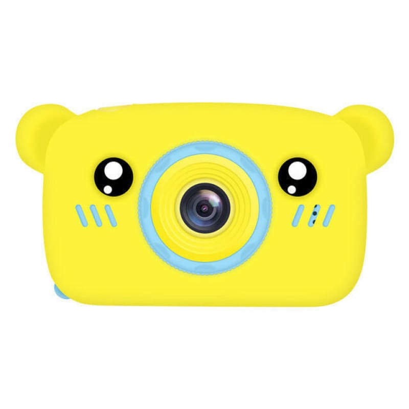 Yellow bear-shaped children’s digital camera with a blue lens ring and cute cartoon eyes.