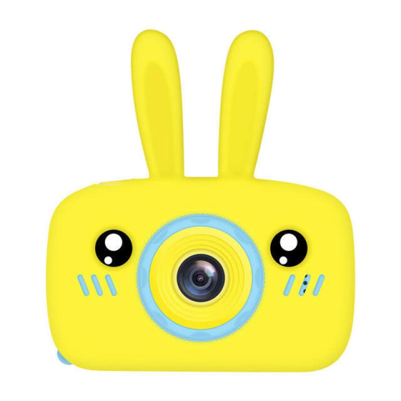 Yellow rabbit-shaped children’s digital camera with cartoon eyes and a blue lens ring.