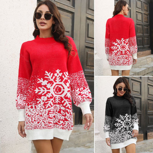 Festive snowflake-patterned sweater dress available in red and black color options.