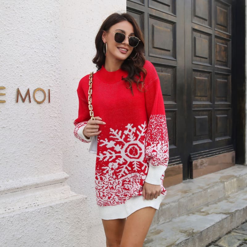 Red and white snowflake-patterned sweater dress.