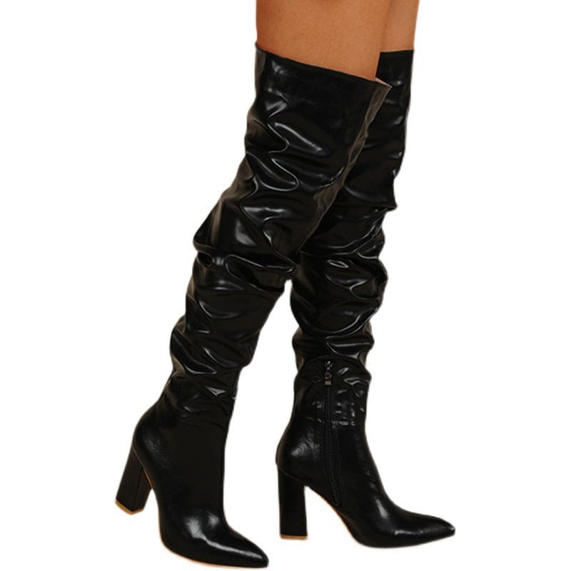 Chunky Heel Over The Knee Ruffle Design Zip Up Boot - Black