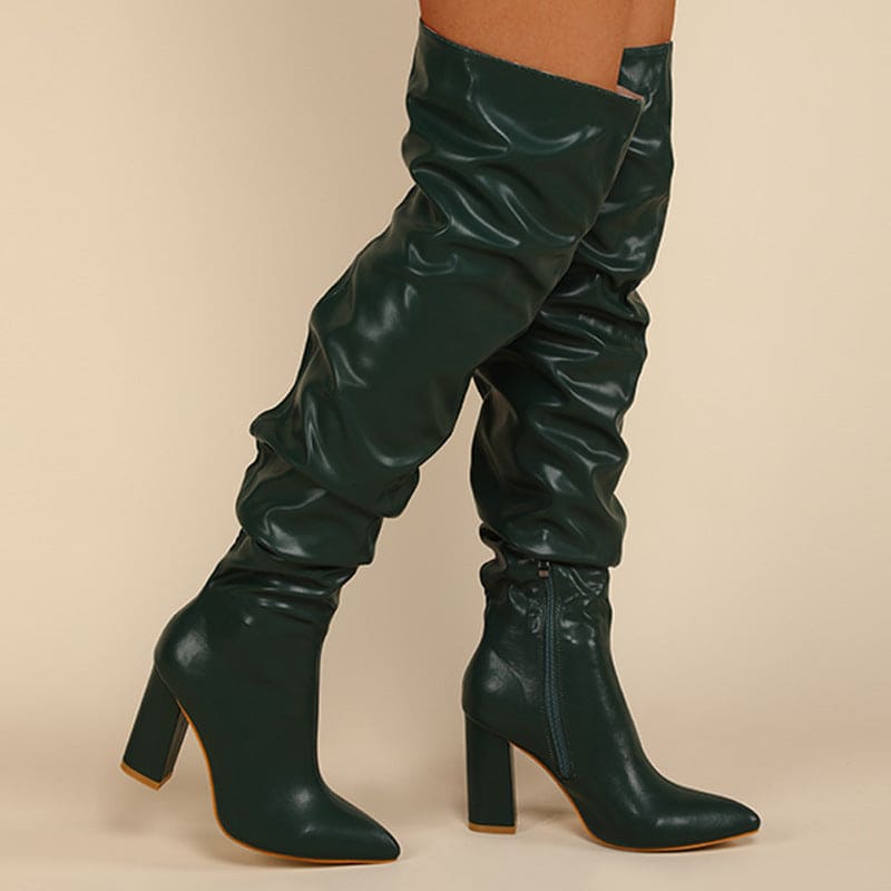 Chunky Heel Over The Knee Ruffle Design Zip Up Boot - Boots