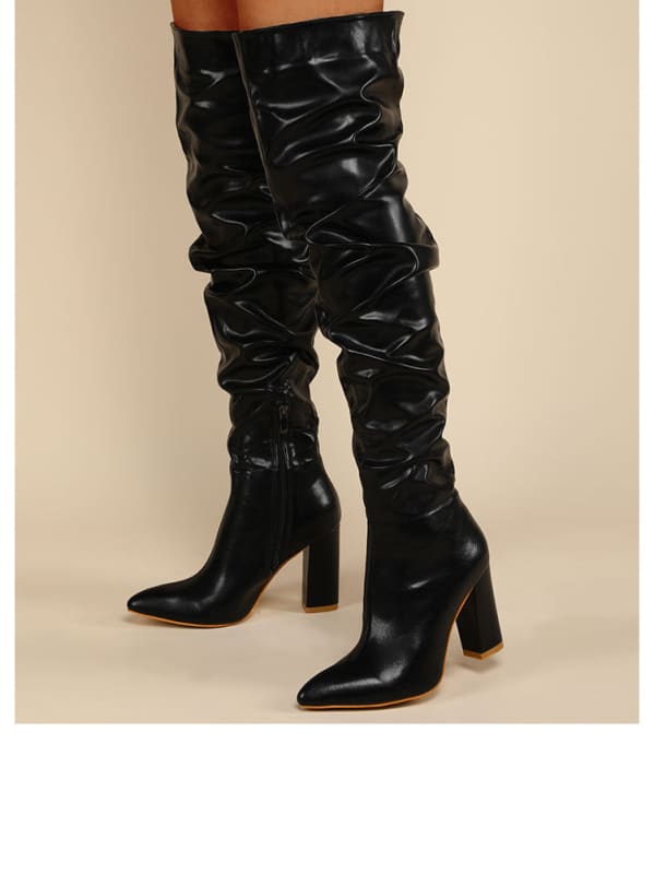 Chunky Heel Over The Knee Ruffle Design Zip Up Boot - Boots