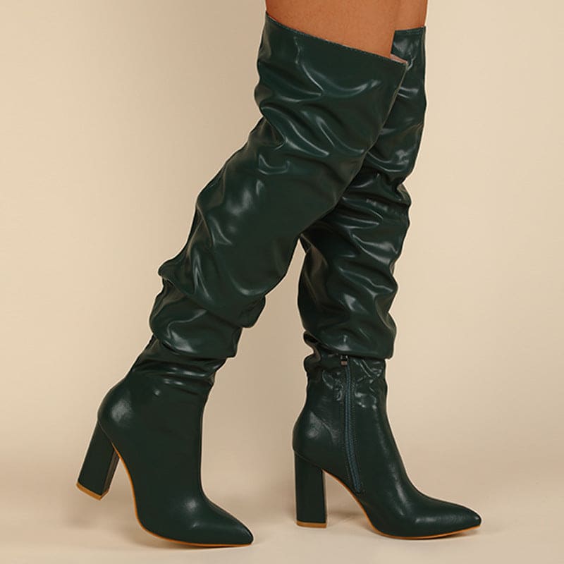 Chunky Heel Over The Knee Ruffle Design Zip Up Boot