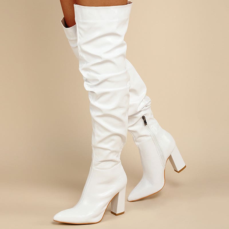 Chunky Heel Over The Knee Ruffle Design Zip Up Boot - White