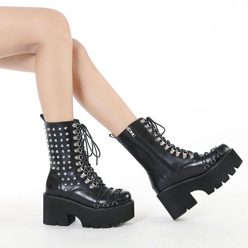 Chunky Heel Side Zip Thick Bottom Fashionable Rivet Detail Knight Boots - Pleasures and Sins