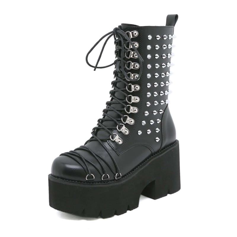 Chunky Heel Side Zip Thick Bottom Fashionable Rivet Detail Knight Boots - Pleasures and Sins