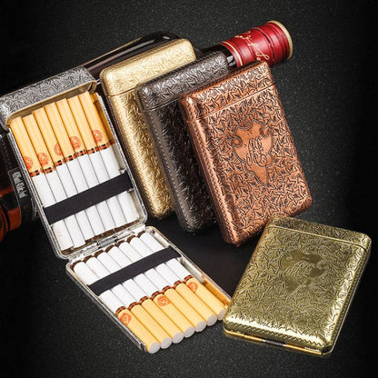 Ornate metal cigarette cases with one open to display cigarettes inside.