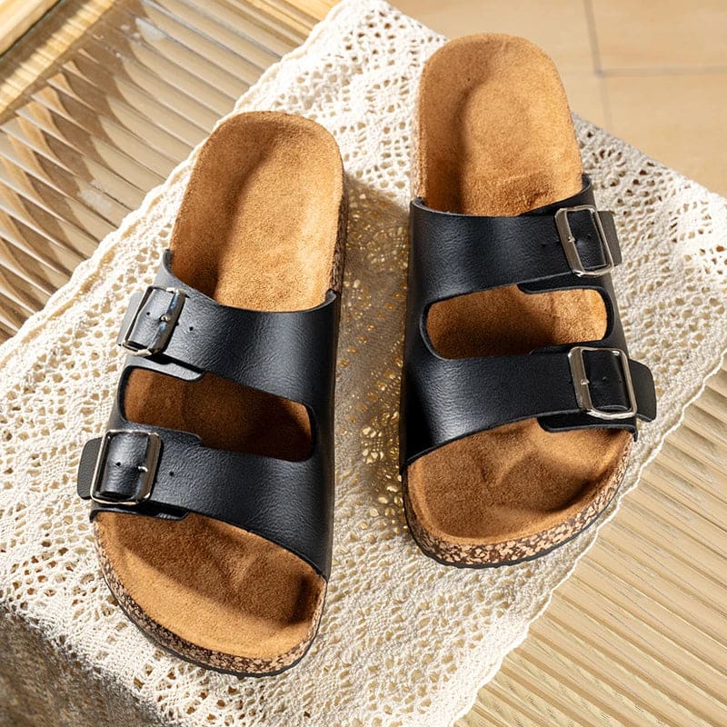 Classic Comfortable Summer Cork Sandals for Men featuring black leather double-buckle design.