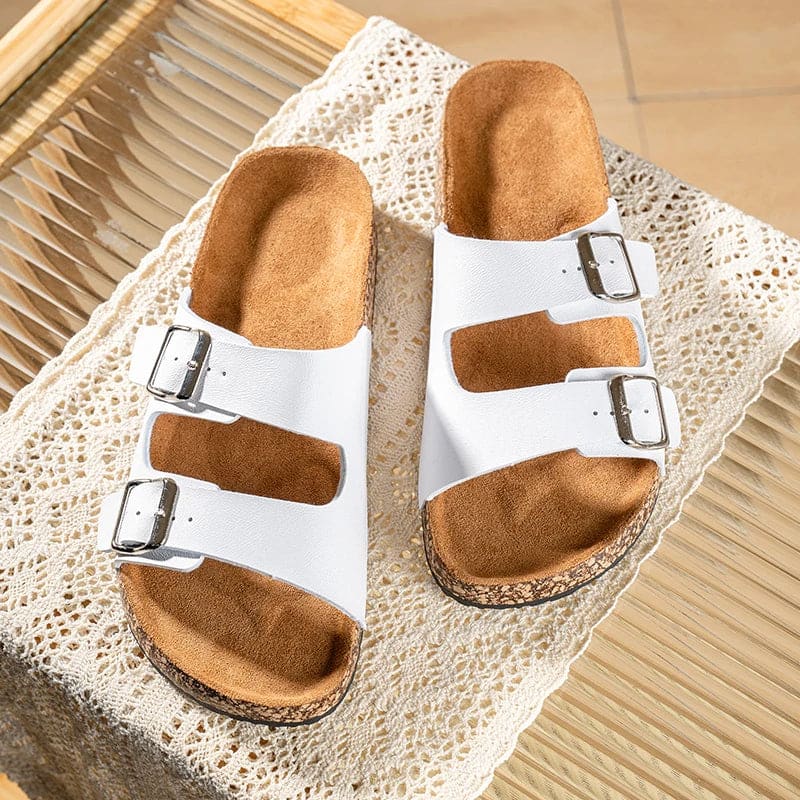 White leather double-strap sandals with cork footbeds, perfect summer cork shoes for men.