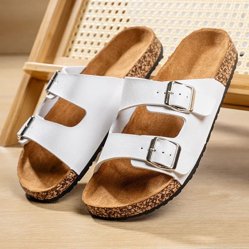 White leather double-buckle sandals, perfect classic comfortable summer cork shoes for men.