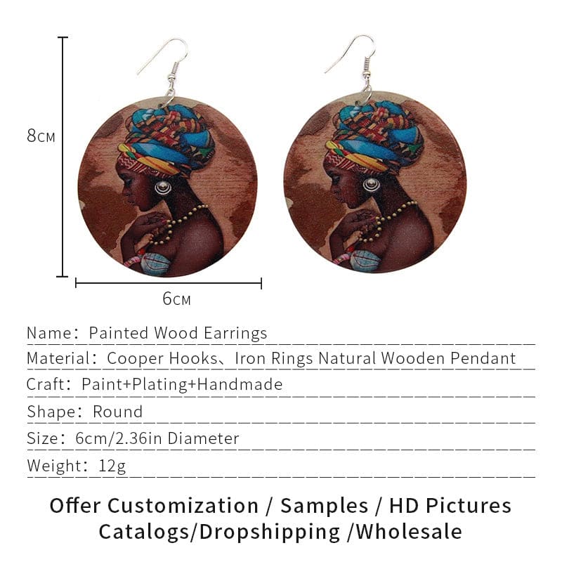 Pair of round wooden earrings featuring a painted portrait of an African woman with a colorful headwrap.