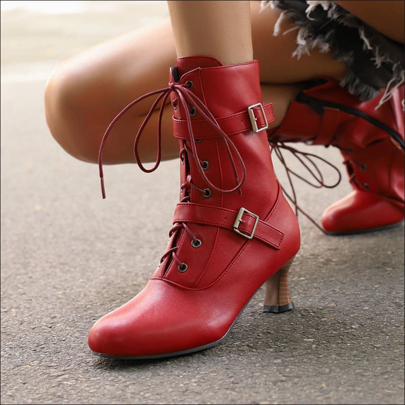 Comfortable Mid Heel Lace-up Boots for Steampunk Fashion