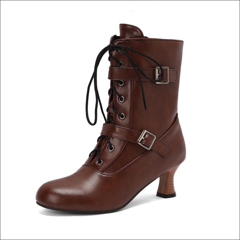 Brown leather Victorian-style mid heel lace-up boot perfect for Steampunk style.