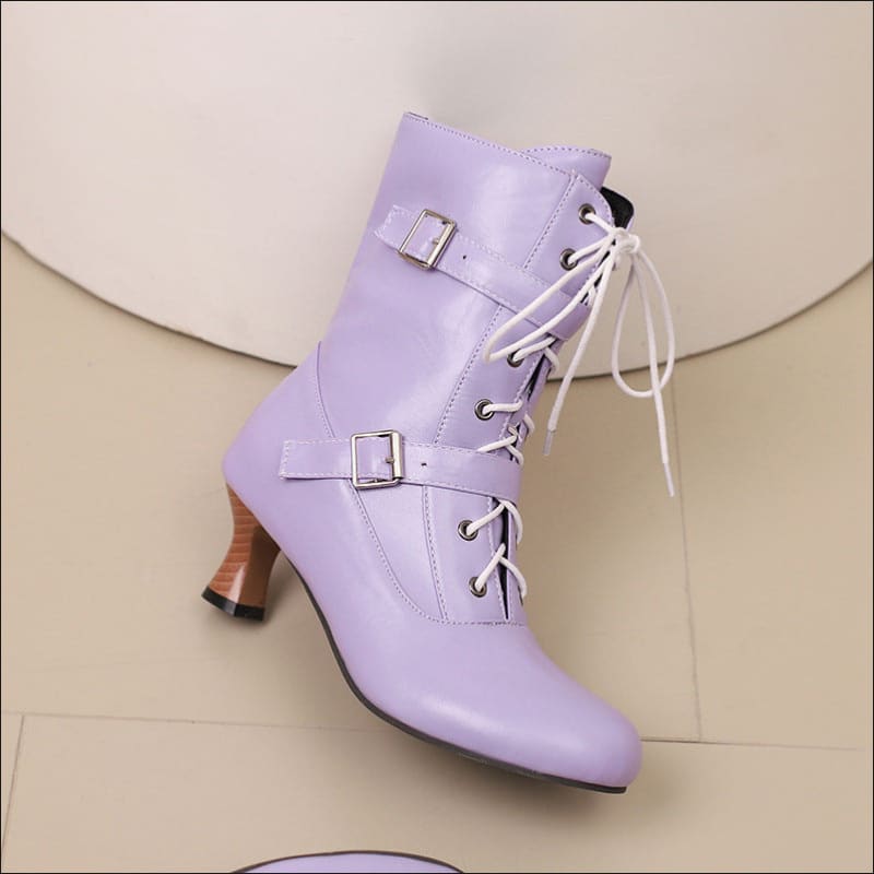 Lavender leather mid heel lace-up boots with buckle straps for a trendy steampunk look